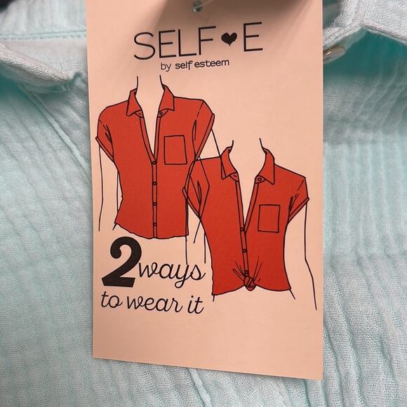 H). Self Esteem Button Down Shirt Short Roll Up Sleeve Teal Blue Medium - Picture 10 of 14